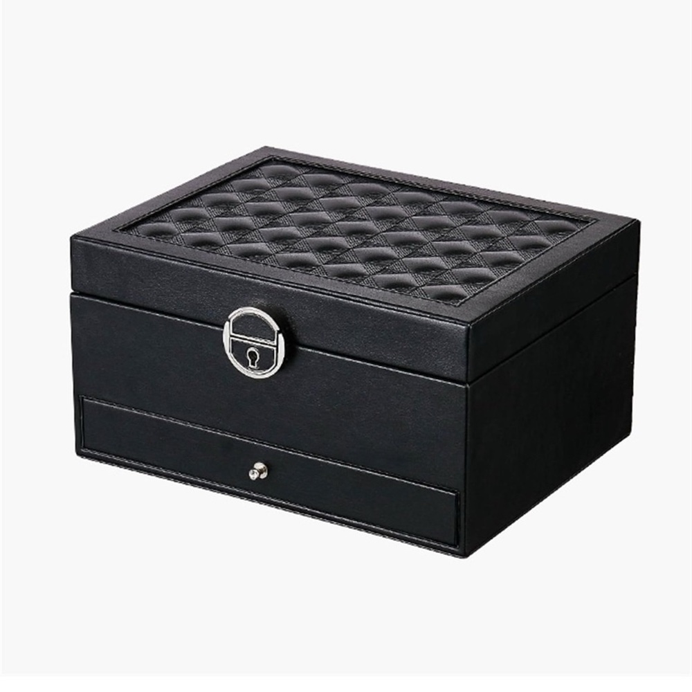 CEMONT Black PU Leather Jewelry Storage Box with quilted Top and Key EUC Key